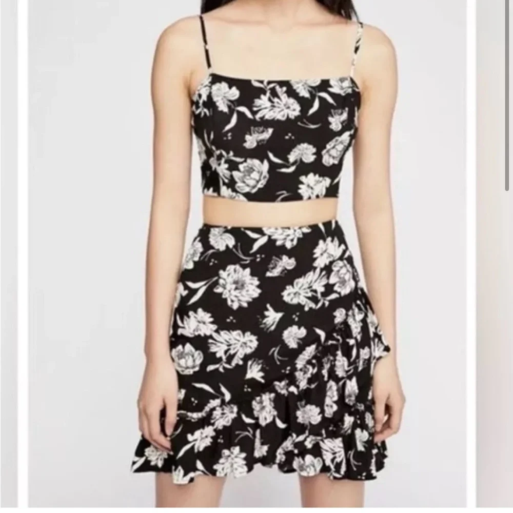 Free People / I’ve Got A Feeling Black White Floral Skirt and Top Set Small